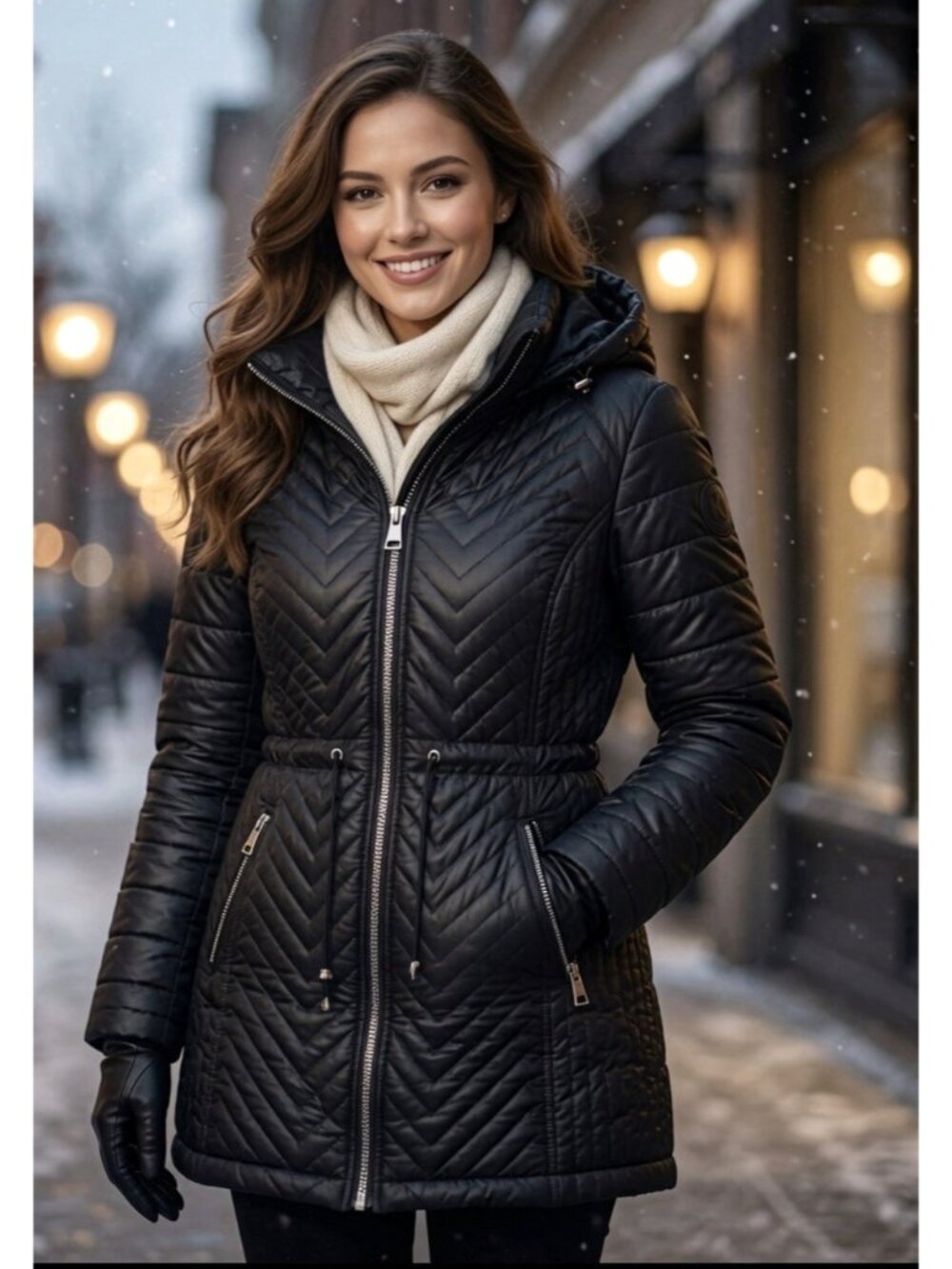 New Karl Lagerfeld Black Full Zip Hooded Chevron Puffer Jacket Coat Parka